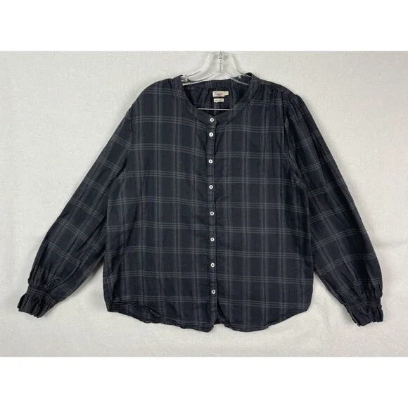 Faherty Women XL Harper Top Black Plaid Organic Cotton Button Front Relaxed - Picture 4 of 7